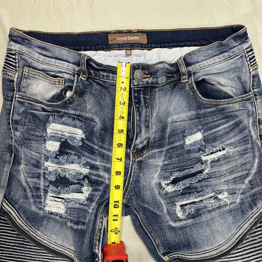 Crysp Denim Mens Mid-Rise Distressed Moto Biker Skinny Stretch‎ Jeans 36x32